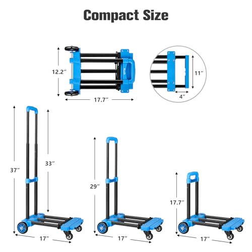 KEDSUM 290LB Folding Hand Truck, Portable Utility Cart with 4 Wheels, Blue - color: Blue 4-wheels