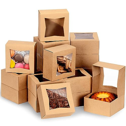 Fit Meal Prep 25 Pack Bakery Boxes with Window 6x6x3 Kraft Cake Box Cardboard Bakery Packaging for Cupcake, Cookies and Pastry, Auto-Popup Treat Box Charcuterie Box for Valentine's Day, Christmas - color: Brown