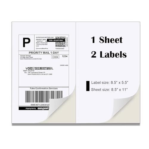 Half Sheet Laser/Ink Jet Shipping Labels UPS FedEx Address Labels (2000 Sheets, 4000 Labels) - size: 2000 sheets, style: 2 up-8.5"x5.5"
