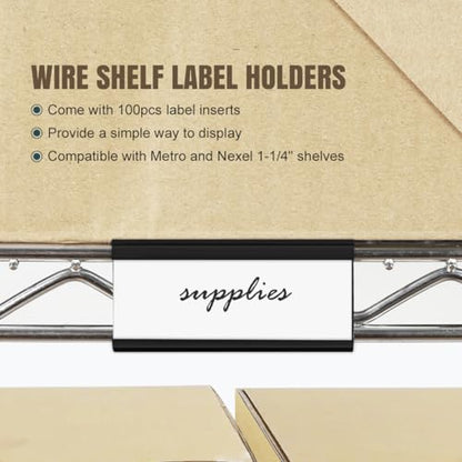 Lenink 100Pcs Wire Shelf Label Holders with 100Pcs Label Paper Inserts, Black Plastic Wire Rack Label Holder Compatible with Metro and Nexel 1-1/4in Shelves, Label Area 3in Lx1.25in H - color: Black, size: 3in (100 Pack)