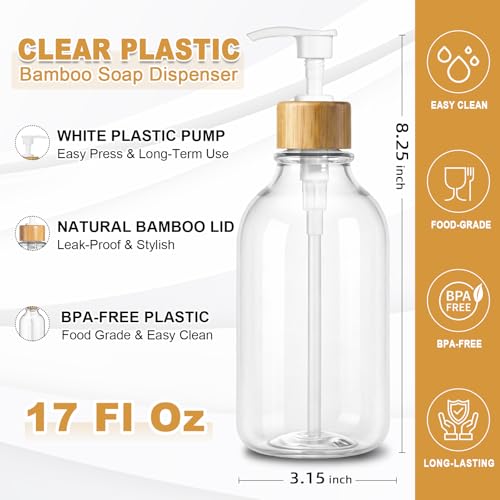 KASUNTING Clear Soap Dispenser, 2 Pack Plastic Dish Soap Dispenser for Kitchen, 17 Fl Oz Bathroom Hand Soap and Lotion Dispensers Set with Bamboo Pump, Refillable Liquid Soap Bottles - color: Clear, size: 2 Bottles