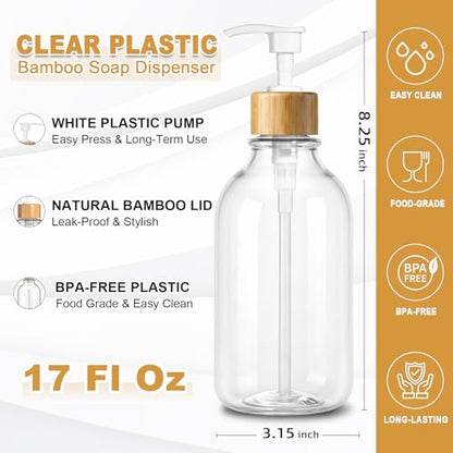 KASUNTING Clear Soap Dispenser, 2 Pack Plastic Dish Soap Dispenser for Kitchen, 17 Fl Oz Bathroom Hand Soap and Lotion Dispensers Set with Bamboo Pump, Refillable Liquid Soap Bottles - color: Clear, size: 2 Bottles