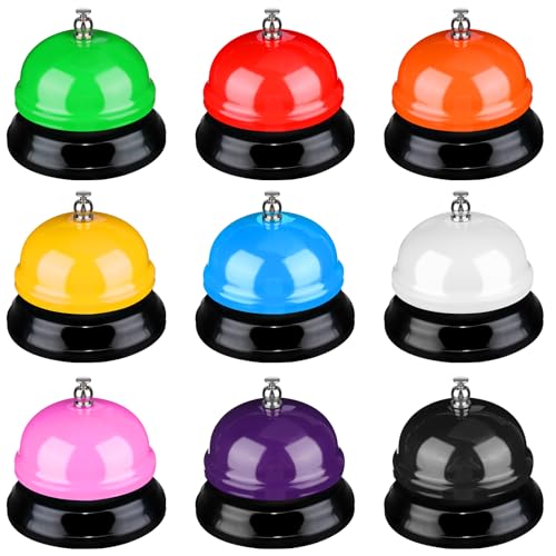 10 Colorful Desk & Hand Bells, 3 Inch Diameter Metal Ring Bells for Adults - Bulk Pack for Desk, Hotel, Restaurant, Office, School, Kitchen, Bar & Counter Supplies