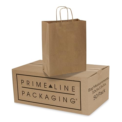 Prime Line Packaging 10x5x13 Paper Bags with Handles, Brown Bags, 50 Pack - size: 10x5x13 Inch
