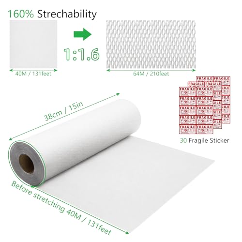 Honeycomb Packing Paper PINENUTS 15" x 131' Eco Friendly Packing Paper for Moving Recyclable Honeycomb Paper Bubble Paper Wrapping with 30 Fragile Sticker Labels and 66fthemp rope (White) - color: White