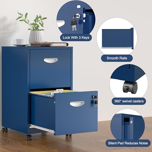 SteeLoong 2 Drawer File Cabinet,Metal Mobile File Cabinet with Lock Blue - color: Blue, style: 2 Drawer on Wheels