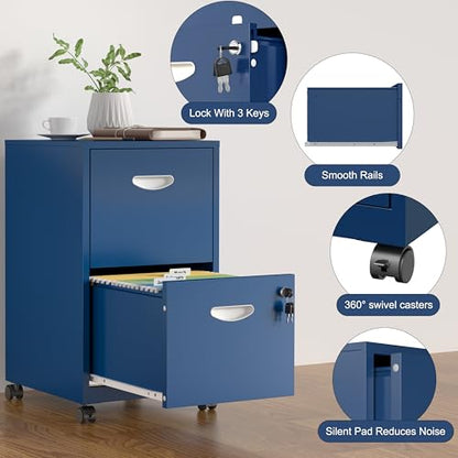 SteeLoong 2 Drawer File Cabinet,Metal Mobile File Cabinet with Lock Blue - color: Blue, style: 2 Drawer on Wheels