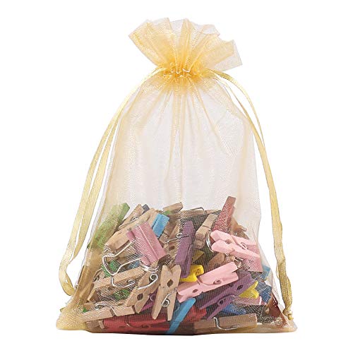 HRX Package 100pcs Gold Organza Gift Bags, 4 x 6 inch Candy Mesh Drawstring Favor Bags Jewelry Pouches for Christmas Wedding Party - color: Gold