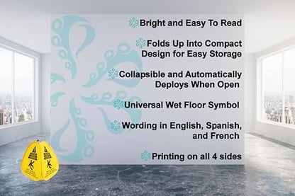 Kraken Sign Co - Pop-up Sign, Yellow 4-Sided Bilingual Trilingual English/Spanish/French Warning, Pop-up Caution Wet Floor Sign 16 inch for Restaurant, Commercial and Industrial Safety. Foldable, Portable, Durable (Yellow, 2 Pack) - size: 2 Pack