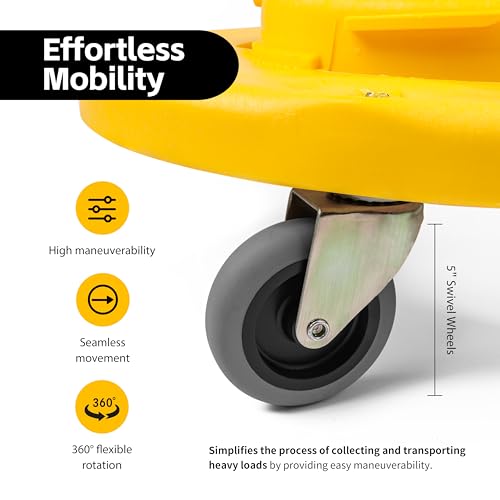 MaxWorks 18‑Inch Trash Can Dolly with 5 Swivel Casters High‑Visibility Yellow Rolling Base with Multi Size Compatibility for 20 to 55 Gallon Containers 250 lb Capacity Twist‑Lock Design (50933) - style: 20-55 Gal / 250lb capacity