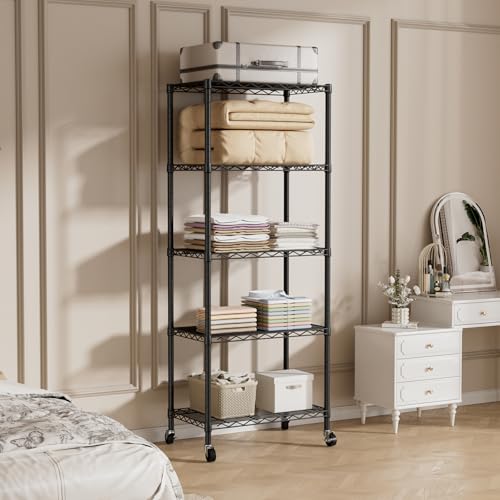 SINGAYE 5 Shelves Storage Wire Shelf Closet Metal Shelving Pantry Wheels - color: Black, size: 5Tier/14"D X 24"W X 61"H