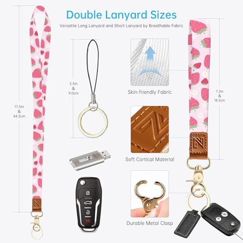 2-in-1 ID Badge Holder & Lanyard Wallet，Cute Zippered Pouch Pink Strawberry - color: Pink Strawberry