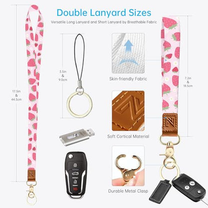 2-in-1 ID Badge Holder & Lanyard Wallet，Cute Zippered Pouch Pink Strawberry - color: Pink Strawberry