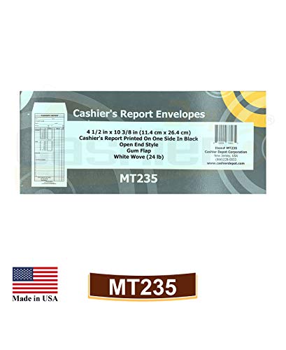 500 Cashier Depot - Cashier’s Report Envelopes MT235 – 4 1/2" x 10 3/8", White 24lb Paper, Cash Deposit Report, Money Envelopes for Retail, Restaurants, Hotels, Small Business, Gum Flap, 500 Count
