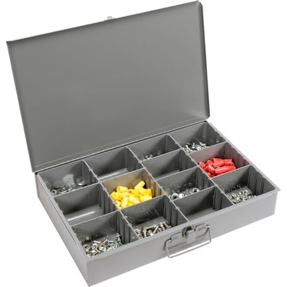 Global Industrial Durham Steel Compartment Box Rack with Four Adjustable Divider Compartment Boxes, 18" L x 12" W x 3" H Boxes, 20" L x 15-3/4"W x 15" H Overall