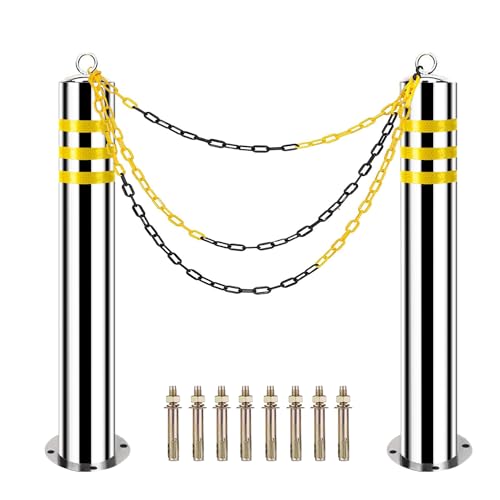 32" Safety Bollard with 16Ft Chains, Stainless, Reflective Tape, 8 Anchors - size: With Chain