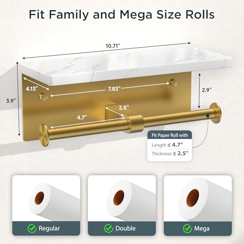 FORIOUS Double Marble Toilet Paper Holder with Phone Shelf, Commercial - color: Brushed Gold, size: Double Roll