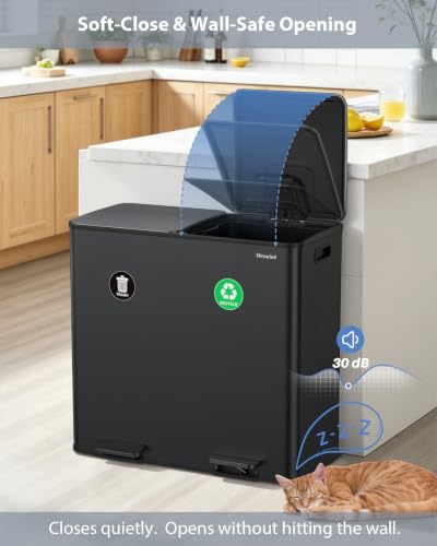 Dual Trash and Recycling Bins for Kitchen, 2*13.2 Gal Dual Trash Can, Black - color: Black, size: 2 * 13.2 Gallon