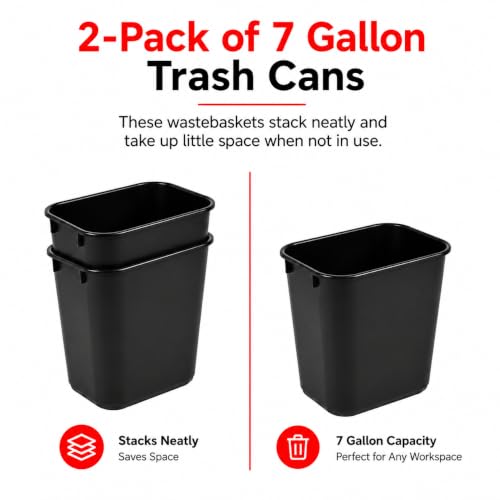 7 Gallon Black Wastebasket Under Desk Plastic Trash Can | 2 PACK - size: 7 Gallon