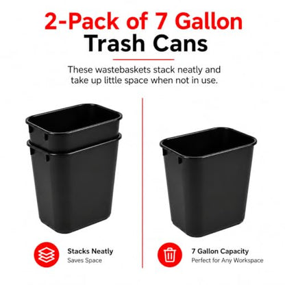 7 Gallon Black Wastebasket Under Desk Plastic Trash Can | 2 PACK - size: 7 Gallon