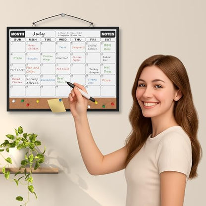 Monthly Calendar Dry Erase Board 16x12 Inch, Double-Sided Whiteboard and Corkboard Combo with Black Aluminum Frame, Wall Mounted Planner Organizer with Markers, Magnets, Push Pins, Eraser - size: 16"W x 12"H, style: Black Aluminum Frame