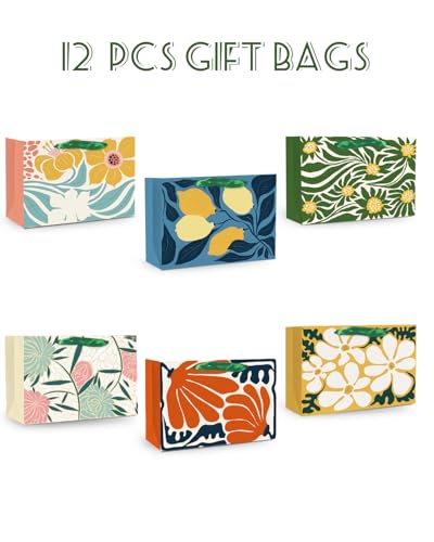 qiqee 12PCS Clash Flowers Paper Gift Wide Bags with Tissue Paper Handles Small Size 6.3"x4.7"x2.4" （12pcs Bags +Tissue Paper ） - size: 1 Count (Pack of 12)