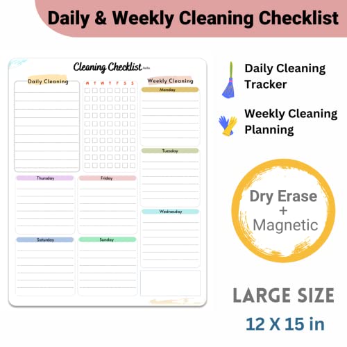 Premium Quality Cleaning Checklist Dry Erase Magnetic Whiteboard for Refrigerator | Daily, Weekly and Monthly Cleaning Chores Planner| Cleaning List Schedule for Adults