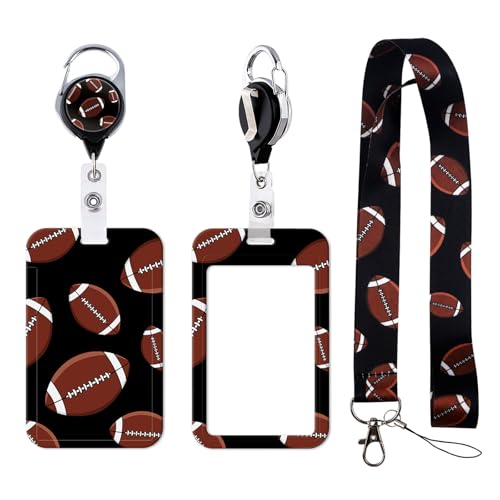 Rugby Football Lanyards for ID Badges, Black Card Holder with Heavy Duty Retractable Badge Clip and Silky Lanyard, Sport Style Keychain Lanyard for Kids, Boys, Men - color: Rugby
