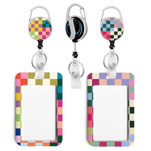 2 Pack Colorful Checkered ID Badge Holder with Clip Badge Reels - color: 2 Pack-colorful Checkered