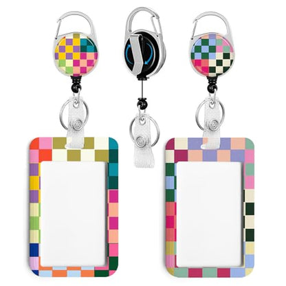 2 Pack Colorful Checkered ID Badge Holder with Clip Badge Reels - color: 2 Pack-colorful Checkered