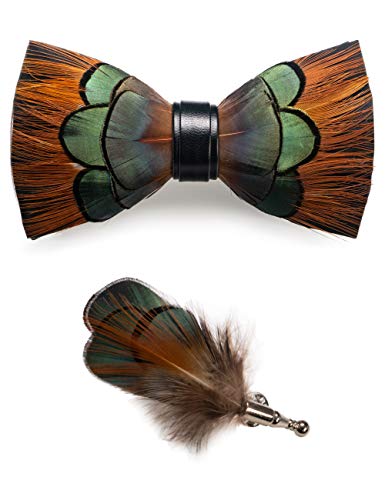 RBOCOTT Handmade Feather Pre-tied Bow tie and Brooch Sets for Men - color: Orange/Green