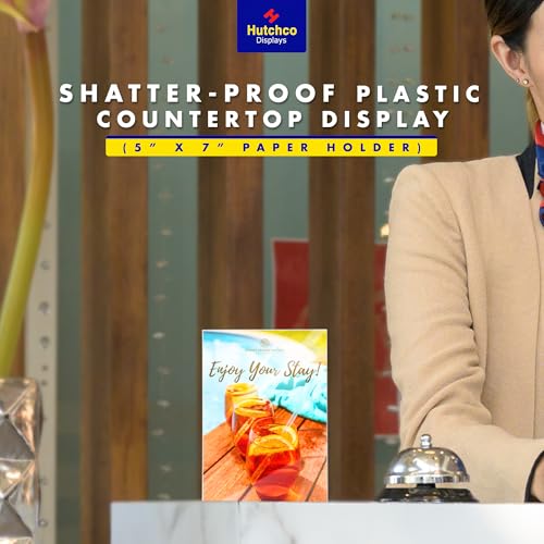 Paper Sign Holder (5 x 7 Inches) Plastic Countertop Display w/Shatterproof (No Acrylic) Clear Design & Cardboard Easel Back Tabletop Slant Support for Stackable Lightweight Portable by Hutchco