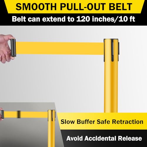 10 ft Crowd Control Stanchion Set, Yellow Crowd Control Barrier with Retractable Belts & Rubber Base, Queue Management Stanchion (6 Pack) - size: Rubber Base-6 Pack
