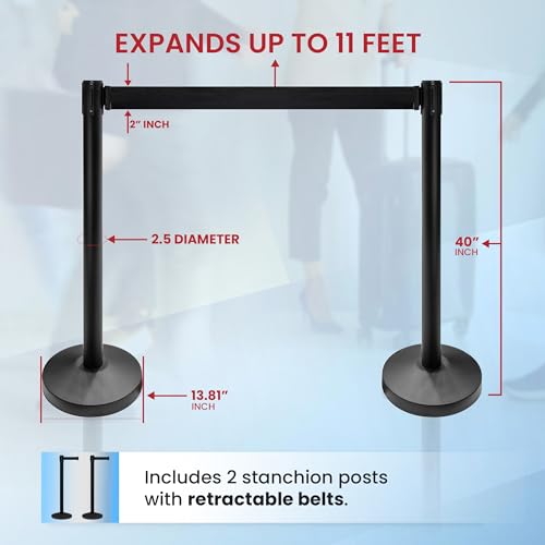 Crowd Control Warehouse Retractable Belt Stanchions, 2-Pack, 11 Ft Black - color: Black Belt with Black Post