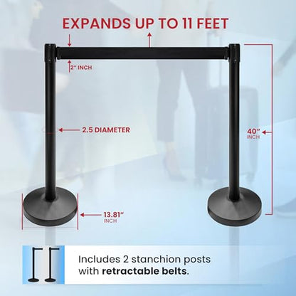 Crowd Control Warehouse Retractable Belt Stanchions, 2-Pack, 11 Ft Black - color: Black Belt with Black Post