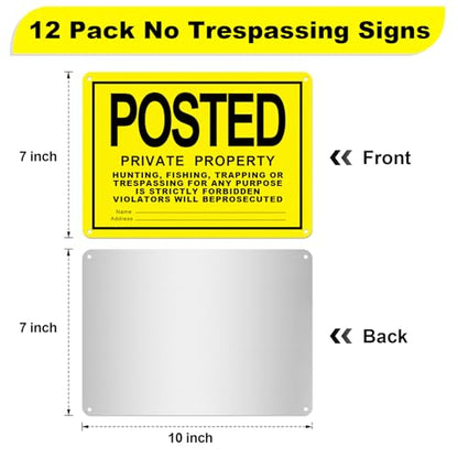12 Pcs Posted Signs No Trespassing No Hunting Signs Metal Private Property Reflective Aluminum Sign for Warning No Hunting Fishing Trapping Indoor Outdoor(10 x 7 Inch)