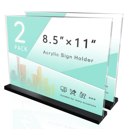 Acrylic Sign Holder 8.5 x 11 Plastic Sign Holder, 2 Pack, T Shape Clear Table Top Holders, Double Sided Paper Desktop Display Stand, Horizontal Ad Frames, Flyer Document, for Store, Office, Horizontal