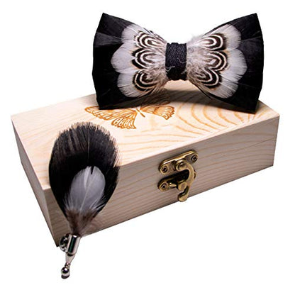 RBOCOTT Handmade Feather Pre-tied Bow tie and Brooch Sets for Men - color: White/Black1