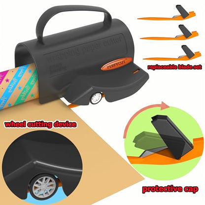 PERFYCUT Wrapping Paper Cutter with 3 Replaceable Blade Sets for Birthday Paper Gift Wrapping Paper Roll Cutter and Christmas Wrapping Paper Cutter Tool Tube Holder Slidding Slicing.