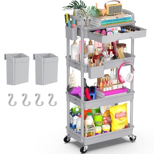 Goovilla 4 Tier Rolling Utility Cart Organizer with Removable Drawer, Grey - size: 4 Tier, style: Gray