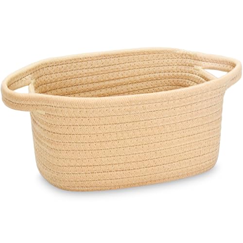 ABenkle Small Storage Basket, Mini Basket, Cute Tiny Cotton Rope Woven Basket, Shelf Basket, Boho Decorative Toy Storage Bin Gift Basket - color: Khaki (8.7"x6.3"x4.7")