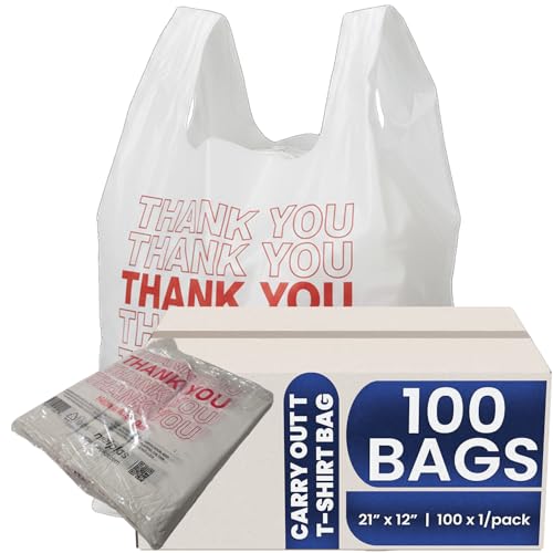 T-Shirt Bags Printed “Thank You” 21x12 Inches, 0.8 Mil Thick, 100 Count – Durable Plastic Carry Bags with Handles, Leak-Proof & Tear-Resistant, 20 Gallon Capacity, Recyclable Grocery & Restaurant Use