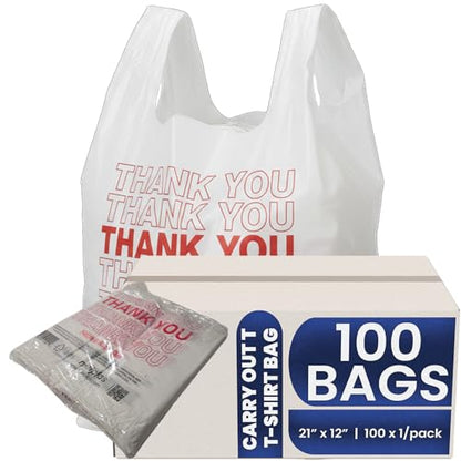 T-Shirt Bags Printed “Thank You” 21x12 Inches, 0.8 Mil Thick, 100 Count – Durable Plastic Carry Bags with Handles, Leak-Proof & Tear-Resistant, 20 Gallon Capacity, Recyclable Grocery & Restaurant Use