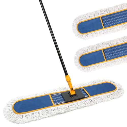 24”Dust Mop for Floor Cleaning, Heavy Duty Sweeper Broom Catches Dust, Pet Hair, and Debris, Washable 2 Cotton Mop Pads, Floor Duster for Hardwood, Tile, Laminate, and LVP Flooring