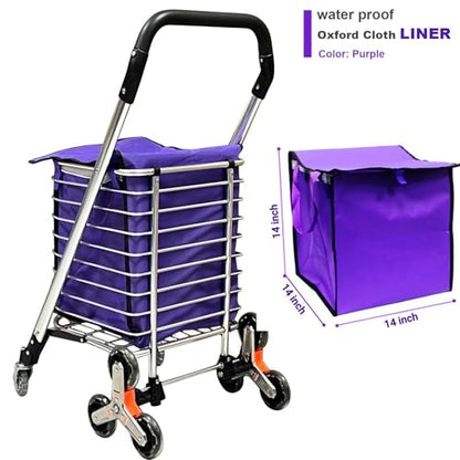 Foldable Stairs Climbing Shopping Cart with Waterproof Basket Liner，Aluminium Alloy Lightweight Collapsible Grocery Dolly Cart，Portable Rolling Utility Trolley，49L