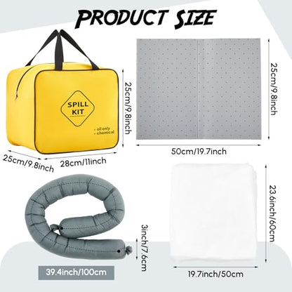 24 Pcs Universal Spill Kit, Portable Complete Emergency Spill Kit, Absorbs Oils Water and More, Yellow Bags, 15 Absorbent Pads, 2 Pcs 3" x 3.3' Sorbent Socks, 5 Disposal Bags, PVC Gloves, 1-Pack