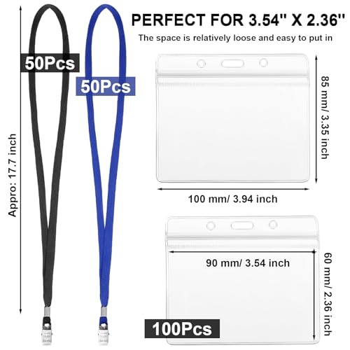 Marspark 100 Sets 4"x3" Name Badge Holder with Lanyard Bulk, Black, Blue - color: Black, Blue