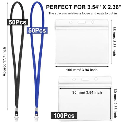 Marspark 100 Sets 4"x3" Name Badge Holder with Lanyard Bulk, Black, Blue - color: Black, Blue
