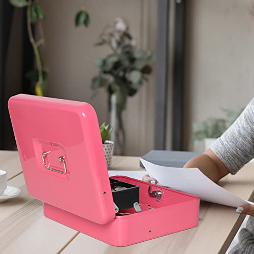 Cash Box with Key Lock & Foam Auto-Pop Coin Tray – Secure Steel Money Box with 4 Upgraded Finger-Safe Bill Clips, Premium Smooth Scratch-Resistant Coating, 11.8"L x 9.5"W x 3.5"H, KL Hot Pink - color: KL Hot Pink