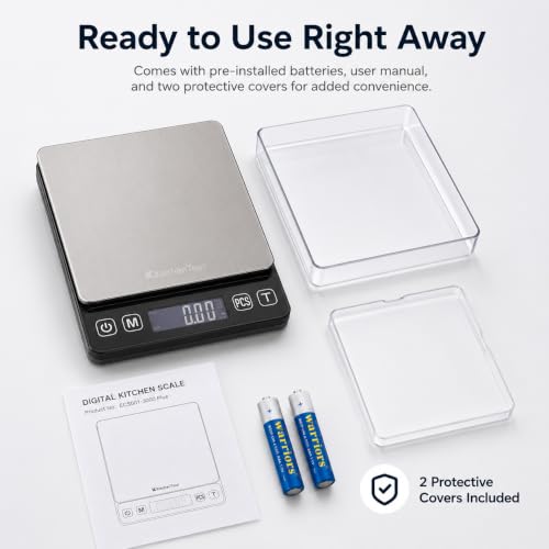 KitchenTour Digital Kitchen Gram Scale - 3000g/0.1g - High Accuracy Precision Food Scale with 9 Units(g/oz/ml/lb/lb:oz/gn/ozt/DWT/ct) - Meat Scale with Back-Lit LCD Display(Batteries Included) - size: 3000g/0.1g